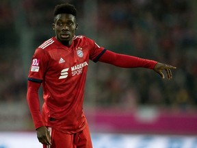 Alphonso Davies of Bayern gestures during the Telekom Cup 2019 Final between FC Bayern Muenchen and Borussia Moenchengladbach at Merkur Spiel-Arena on January 13, 2019 in Duesseldorf, Germany.