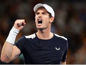 Andy Murray of Great Britain celebrates a point in his first round match against Roberto Bautista Agut of Spain during day one of the 2019 Australian Open at Melbourne Park on January 14, 2019 in Melbourne, Australia.