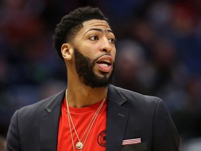 Anthony Davis of the New Orleans Pelicans looks on against the Detroit Pistons at Smoothie King Center on January 23, 2019 in New Orleans, Louisiana.