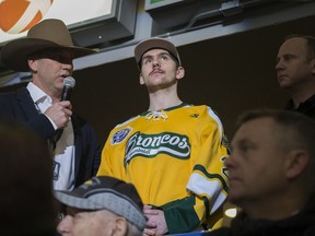 Humboldt Broncos bus crash survivor Layne Matechuk receives a trip to meet Sidney Crosby during day two of Professional Bull Riders Canadian finals at SaskTel Centre in Saskatoon,Sk on Saturday, November 24, 2018.