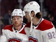 Montreal Canadiens left wing Max Domi, left, and centre Jonathan Drouin skate in warm-ups prior to the game against the Carolina Hurricanes in Montreal on Thursday Dece. 13, 2018.