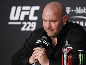 In this Oct. 6, 2018, file photo, Dana White, president of the UFC, speaks at a news conference after the UFC 229 mixed martial arts event in Las Vegas. (AP Photo/John Locher, File)
