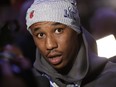 Los Angeles Rams' Marcus Peters answers a question during Opening Night for the NFL Super Bowl 53 football game, Monday, Jan. 28, 2019, in Atlanta. (AP Photo/David J. Phillip)