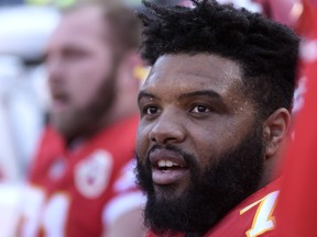 In this Dec. 9, 2018, file photo, Kansas City Chiefs offensive tackle Jeff Allen during the first half of an NFL football game in Kansas City, Mo. (AP Photo/Reed Hoffmann, File)