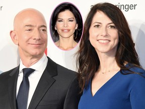 Amazon CEO Jeff Bezos and his wife, MacKenzie. Bezos has reportedly shared his wife's pillow talk with his mistress, Lauren Sanchez (centre). (WENN.com)