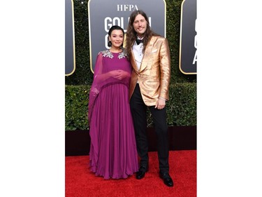 Best Original Score  Motion Picture for "Black Panther" nominee Ludwig Goransson (R) and a guest arrive for the 76th annual Golden Globe Awards on January 6, 2019, at the Beverly Hilton hotel in Beverly Hills, California.