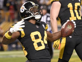 Pittsburgh Steelers wide receiver Antonio Brown (84) celebrates after catching a touchdown pass against the New England Patriots in Pittsburgh, Sunday, Dec. 16, 2018. (AP Photo/Don Wright)