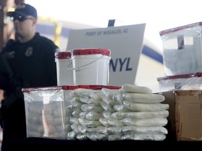 A display of the fentanyl and meth that was seized by Customs and Border Protection officers over the weekend at the Nogales Port of Entry is shown during a press conference Thursday, Jan. 31, 2019, in Nogales, Ariz.