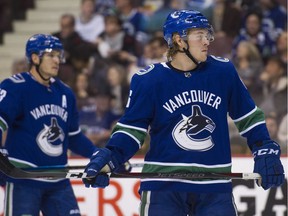 Brock Boeser of the Vancouver Canucks, right, hopes to find his scoring touch on the team's sluggish power play, especially with teammate Elias Pettersson out of the lineup.