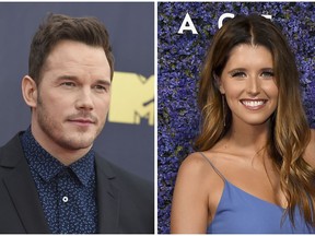 This combination of file photos shows Chris Pratt at the MTV Movie and TV Awards on June 16, 2018, in Santa Monica, Calif., left, and Katherine Schwarzenegger at Caruso's Palisades Village opening gala on Sept. 20, 2018, in Los Angeles, right.