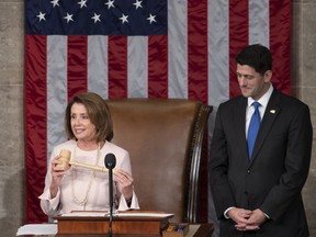 In this file photo from Tuesday, Jan. 3, 2017, House Democratic Leader Nancy Pelosi of California, left, joins Speaker of the House Paul Ryan, R-Wis., at the start of the 115th Congress, at the Capitol in Washington.