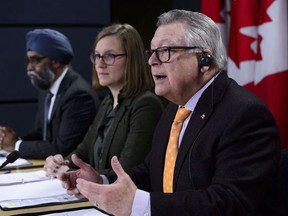 Minister of Democratic Institutions Karina Gould, along with the Minister of Public Safety and Emergency Preparedness Ralph Goodale, and the Minister of National Defence Harjit Sajjan, make an announcement regarding safeguards to Canada's democracy and combating foreign interference during a press conference in Ottawa on Wednesday, Jan. 30, 2019.