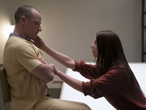 This image released by Universal Pictures shows James McAvoy, left, and Anya Taylor-Joy in a scene from M. Night Shyamalan's "Glass."