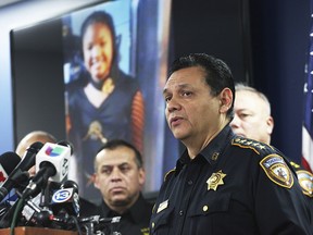 Harris County Sheriff Ed Gonzalez speaks during a news conference, Monday, Dec. 31, 2018, in Houston. (Nicole Hensley/Houston Chronicle via AP)