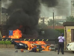 This frame taken from video shows a scene of an explosion in Kenya's capital, Nairobi, Tuesday Jan. 15, 2019.