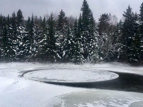 This Wednesday, Jan. 16, 2019 provided by David Loome shows an ice disk that's about 30 or 40 feet across at Baxter State Park in Millinocket, Maine.  It's smaller than the ice disk measuring about 100 yards across formed in the Presumpscot River in Westbrook and garnered media attention around the word.  (Courtesy David Loome via AP)