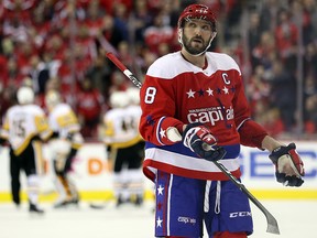 Alex Ovechkin of the Washington Capitals looks on against the Pittsburgh Penguins at Capital One Arena on December 19, 2018 in Washington. (Patrick Smith/Getty Images)