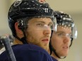 Edmonton Oilers Leon Draisaitl (left) and Connor McDavid at team practice in Edmonton on Tuesday February 6, 2018.