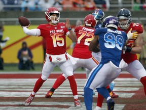 AFC quarterback Patrick Mahomes (15), of the Kansas City Chiefs, throws a pass against the NFC during the first half of the NFL Pro Bowl football game Sunday, Jan. 27, 2019, in Orlando, Fla.