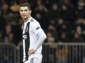 In this Dec. 12, 2018, file photo, Juventus' Cristiano Ronaldo reacts during the Champions League match at the Stade de Suisse in Bern, Switzerland.