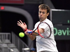 Daniel Nestor returns a shot in Davis Cup doubles tennis action in Toronto on September 15, 2018.