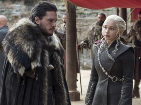 This image released by HBO shows Kit Harington, left, and Emilia Clarke on the season finale of "Game of Thrones." The eighth and last season of "Game of Thrones" finally has a date with destiny. HBO said Tuesday, Nov. 13, 2018, that the series will return in April 2019 with six episodes to conclude its run. (Macall B. Polay/HBO via AP)