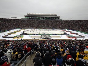 A general view of Notre Dame Stadium is seen during the NHL Winter Classic between the Boston Bruins and the Chicago Blackhawks, Tuesday, Jan. 1, 2019, in South Bend, Ind. (AP Photo/Nam Y. Huh)