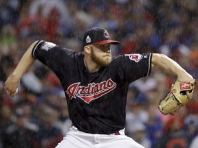 Cleveland Indians relief pitcher Cody Allen throws against the Chicago Cubs during the ninth inning of Game 7 of the Major League Baseball World Series Wednesday, Nov. 2, 2016, in Cleveland.
