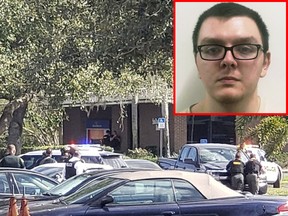 Law enforcement officials take cover outside a SunTrust Bank branch, Wednesday, Jan. 23, 2019, in Sebring, Fla. Authorities say they've arrested Zephen Xaver, inset, who fired shots inside the Florida bank. (The News Sun via AP/Highlands County Sheriff's Office via AP photos)