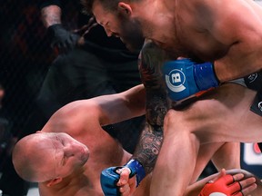 Ryan Bader, right, knocks out Fedora Emelianenko during their mixed martial arts heavyweight world title bout at Bellator 214 on Saturday, Jan. 26, 2019, in Inglewood, Calif.