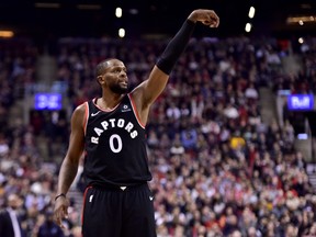 Toronto Raptors forward CJ Miles (0) looks on after scoring a three-pointer during the first half against the Grizzlies in Toronto on Saturday night. THE CANADIAN PRESS/Frank Gunn