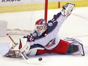 Columbus Blue Jackets goaltender Sergei Bobrovsky (72) makes a save against the Florida Panthers, Saturday, Jan. 5, 2019 in Sunrise, Fla. (AP Photo/Wilfredo Lee)