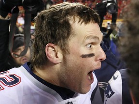 Tom Brady of the New England Patriots reacts after defeating the Kansas City Chiefs in overtime at Arrowhead Stadium on January 20, 2019 in Kansas City. (Jamie Squire/Getty Images)