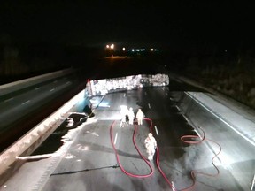 Ontario Provincial Police say a crash involving a tanker truck carrying jet fuel has forced the closure of Highway 401 in both directions near Cambridge, Ont. (OPP_HSD/Twitter)