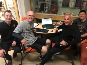 Lars Carlsen, second from left, in a film room in Kamloops with then B.C. staffers Jeff Reinebold, Andrew Millin and Jordan Bear. (Supplied photo)