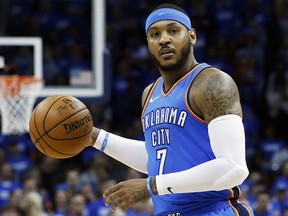 This is an April 25, 2018, file photo showing Oklahoma City Thunder forward Carmelo Anthony (7) against the Utah Jazz, in Oklahoma City. (AP Photo/Sue Ogrocki, File)