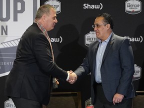 CFL Commissioner Randy Ambrosie (left) and Oscar Perez (right, CEO, Liga de Futbol Americano Profesional, Mexico) signed a letter of intent in Edmonton on November 23, 2018 that will see them work together on several projects, including possible CFL games in Mexico. (LARRY WONG/POSTMEDIA)