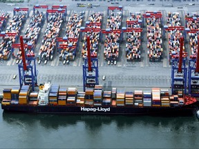 The container ship Yantian Express is shown in a handout photo from Hapag-Lloyd. (THE CANADIAN PRESS/HO-Hapag-Lloyd)