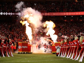 Dee Ford of the Kansas City Chiefs runs onto the field prior to the AFC Championship Game against the New England Patriots at Arrowhead Stadium on January 20, 2019 in Kansas City. (Patrick Smith/Getty Images)