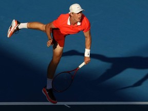 Denis Shapovalov serves against Joao Sousa of Portugal during the first round of the ASB Classic at the ASB Tennis Centre in Auckland, New Zealand, on Monday, Jan. 7, 2019.