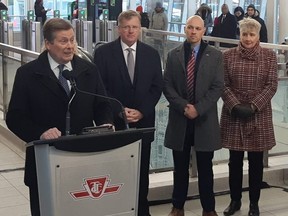 Toronto Mayor John Tory makes a transit announcement at Pape Station on Thursday, Jan. 17, 2019.