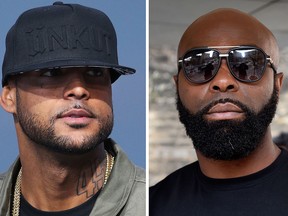 This combination made on August 1, 2018 shows French rapper Booba (left), in Cannes, and French rapper Kaaris on March 25, 2015, in Paris. (DOMINIQUE FAGET,LOIC VENANCE/AFP/Getty Images)