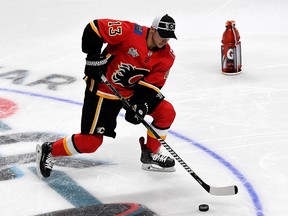 Johnny Gaudreau of the Calgary Flames competes in the Gatorade NHL Puck Control during the 2019 SAP NHL All-Star Skills at SAP Center on Jan. 25, 2019 in San Jose, Calif.