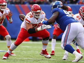 Laurent Duvernay-Tardif, blocking against the New York Giants, is one of two Canadians on the Kansas City Chiefs roster. Ryan Hunter on the practice squad is the other.