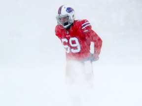 Reid Ferguson #69 of the Buffalo Bills warms up before a game against the Indianapolis Colts on December 10, 2017 at New Era Field in Orchard Park, New York.