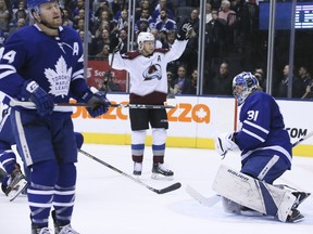 Colorado Avalanche winger Mikko Rantanen scores on Maple Leafs goalie Frederik Andersen on Monday night at Scotiabank Arena. (Veronica Henri/Toronto Sun)