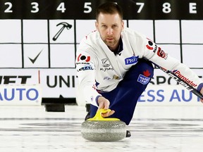 In this Sept. 30, 2018 file photo, skip Brad Gushue of St. John's prepares to throw a rock during the men's final in the Grand Slam of Curling's Princess Auto Elite 10 tournament at Thames Campus Arena in Chatham, Ont. (Mark Malone/Chatham Daily News/Postmedia Network)