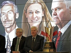 Dave Andrews (left, chair of the Order of Hockey in Canada selection committee and vice chair of the Hockey Canada Foundation) announced the Distinguished Honourees of the Order of Hockey in Canada, at Rogers Place in Edmonton on Wednesday January 30, 2019.