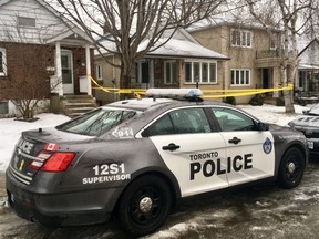 Toronto Police at the scene after a deadly stabbing, the city’s fifth homicide of the year, at a home on Mould Ave., near St. Clair Ave. W. and Jane St., on Thursday, Jan. 24, 2019. (Chris Doucette/Toronto Sun/Postmedia Network)