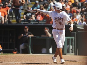 In this May 28, 2017, photo, Texas' Kacy Clemens celebrates after scoring a run in the championship game of the Big 12 baseball tournament in Oklahoma City. (AP Photo/Kyle Phillips)